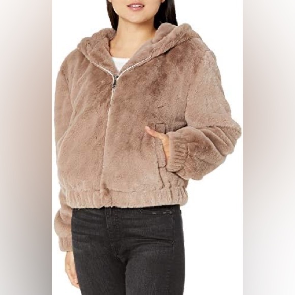 7 for all Mankind Grey Faux Fur Hooded Cropped Bomber Jacket - Picture 10 of 12